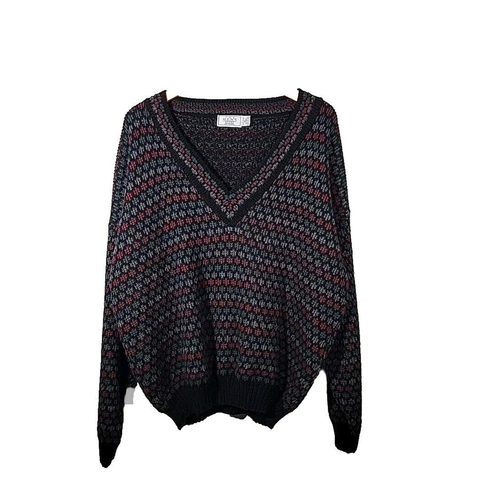 Vintage 80s Sears The Mens Store V-Neck Knit Sweater XL Red Black Green Gray
